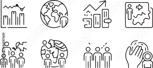 Business icons illustrate global teamwork, organizational structure, and upward trending financial charts indicating worldwide growth and collaboration efforts.
