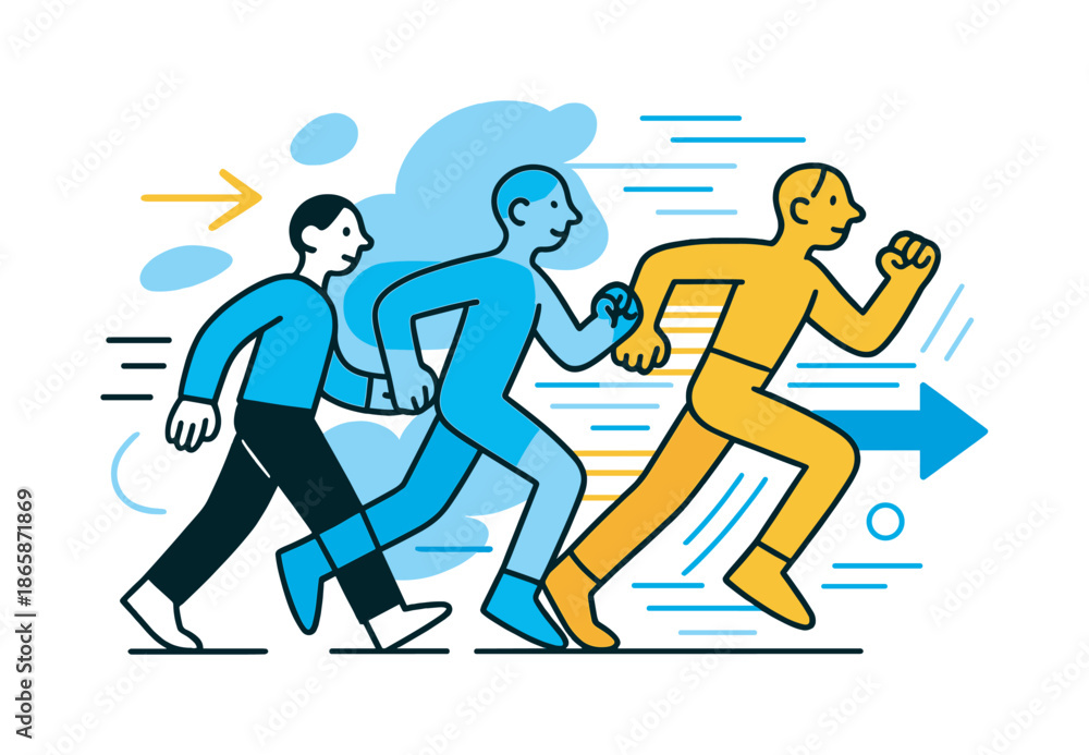 Fototapeta premium Dynamic Motion Illustration. State of Motion. A stylized figure transitions through three overlapping poses?walk, jog, run?captured as transparent layers with