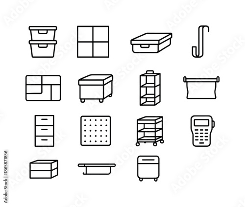 Storage Solutions Icons. Storage solutions. Line icon set of Storage solutions: stackable bins, cube shelves, underbed box, overdoor hook, drawer insert,