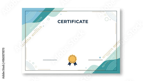 Modern professional certificate template design featuring abstract blue and teal shapes, elegant gold seal, and customizable space for achievement recognition