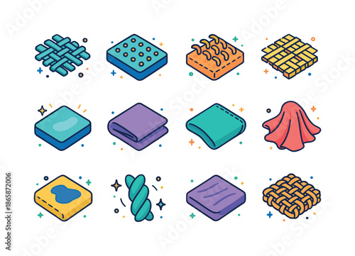 Colorful Fabric Textures. Fabric Textures. Colorful isometric vector icons set of Fabric Textures: cotton weave, microfiber pattern, terry cloth loops, linen