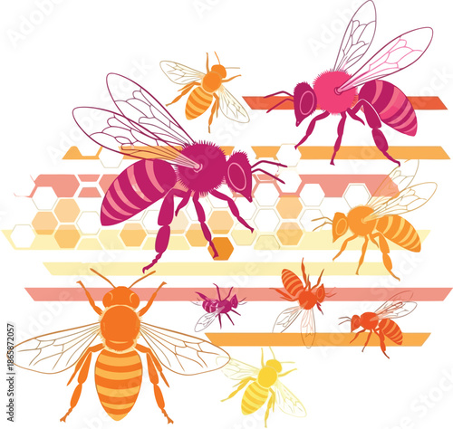 Vibrant group of colorful honeybees in flight against a textured striped background illustration vector