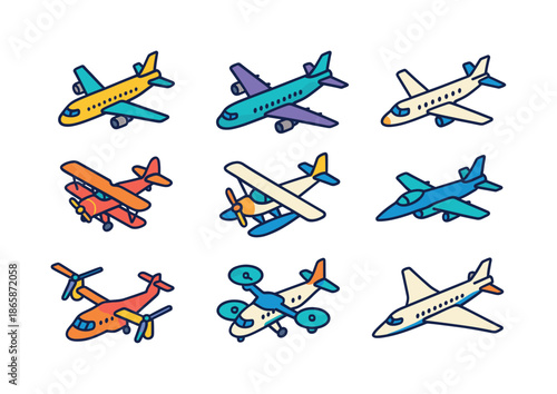 Colorful Aircraft Icons. Aircraft types. Colorful isometric vector icons set of Aircraft types: passenger jet, cargo plane, private jet, biplane, seaplane,