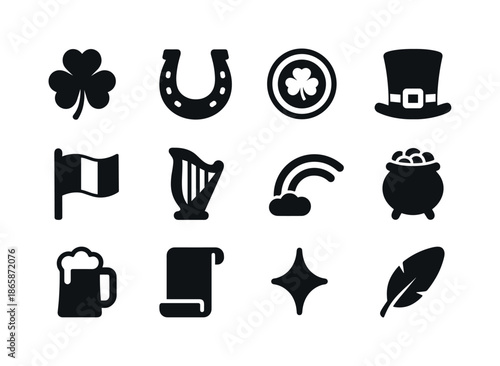 Irish Luck Icons. Irish luck. Solid icon set of Irish luck: four-leaf clover, horseshoe, coin, hat, flag, harp, rainbow, pot of gold, mug, scroll, sparkle,