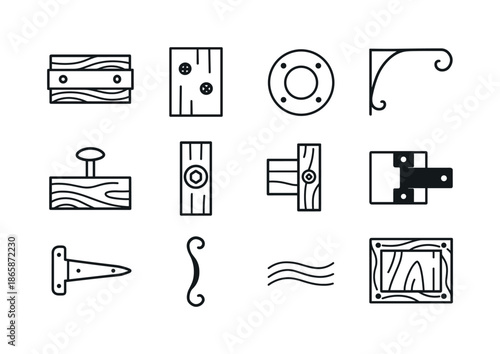 Wood and Iron Icons. Wood and Iron Details. Line icon set of Wood and Iron Details: iron strap across wood, black screws in plank, cast iron knob, hand-forged