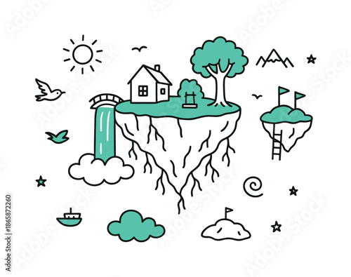 Whimsical Floating Islands. Floating islands. Hand-drawn doodle illustration floating islands [chunk of land with roots hanging (accented), tiny house on