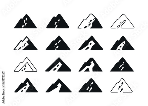 Hiking Icons Collection. Hiking up a mountain. Icon set. Set Logo of hiking up a mountain: footsteps trail leading upward. harmonious logo variations of the