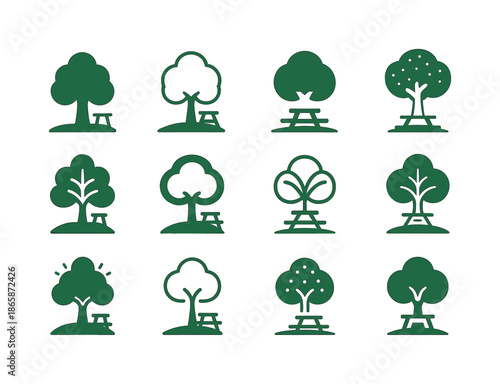 June Picnic Logos. June picnic in the park. Icon set. Set Logo of June picnic in the park: park tree silhouette. harmonious logo variations of the same