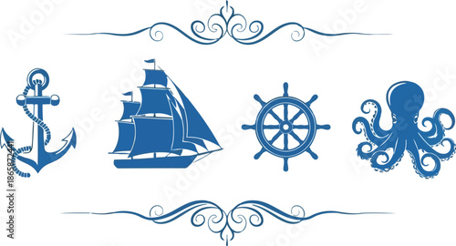 Nautical icon set anchor ship wheel octopus marine symbols blue collection vector