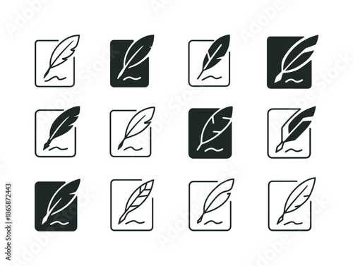 Notary Logo Variations. The Role of Notaries and Public Notary Services. Icon set. Set Logo of Notaries and Public Notary Services: quill and document.