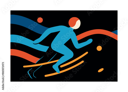 Streamlined Motion Art. One-hue motion. A streamlined figure moves through drifting tonal bands; glowing strokes mark their path. Minimal shapes float nearby.