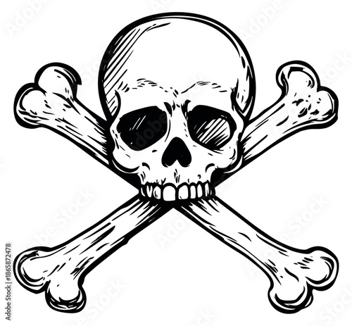Hand drawn line art illustration of a skull and crossbones depicting a classic pirate symbol for Halloween or danger themes