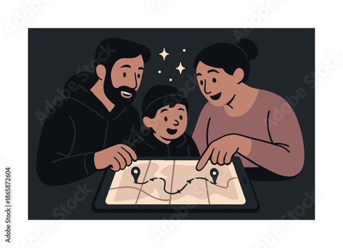 Nomadic Journey Planning. Nomad family planning. A map unfolding on a tablet with tiny route arrows; parents pointing at upcoming destinations. Light particles