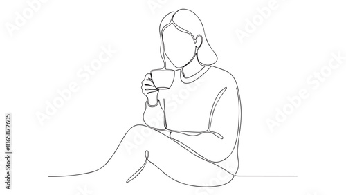 A person enjoying a warm beverage in a minimalist line drawing, highlighting a moment of calm and relaxation