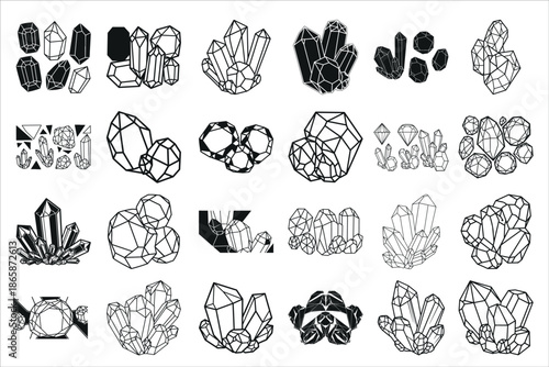 crystal and gemstone coloring pages featuring clean black line art and detailed faceted shapes.