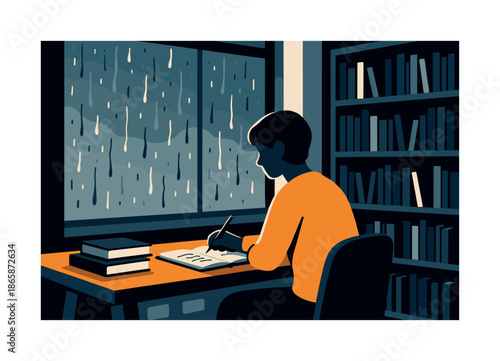 Rainy Day Reading. Rainy day library. Raindrops slide down a large window as a reader sketches notes, soft reflections and cool tones creating peaceful focus.