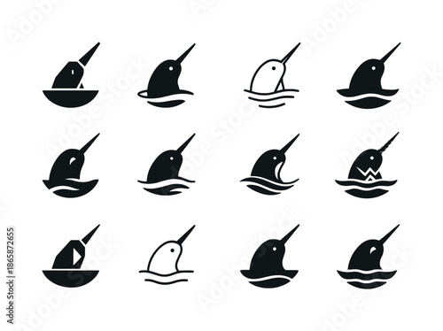 Arctic Narwhal Logos. Arctic. Icon set. Set Logo of Arctic: narwhal with long tusk rising from water. harmonious logo variations of the same emblematic