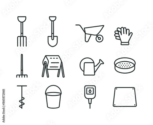 Composting Tools Icons. Composting ? Tools & Equipment. Line icon set of Composting ? Tools & Equipment: garden fork, spade, rake, wheelbarrow, gloves, compost