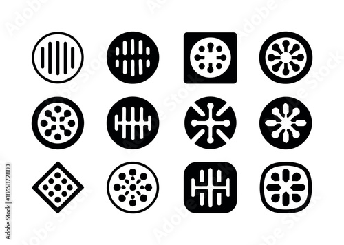 Laboratory Logo Variations. Laboratory floor. Icon set. Set Logo of laboratory floor: floor drain cover. harmonious logo variations of the same emblematic