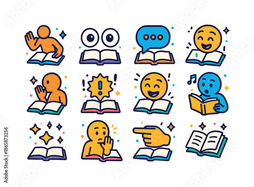Colorful Reading Icons. Reading Expression. Colorful isometric vector icons set of Reading Expression: dramatic gesture, wide eyes, voice bubble, animated