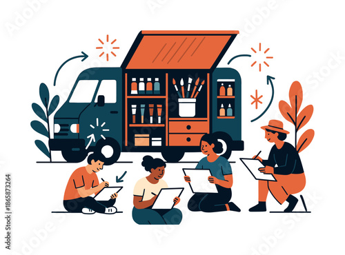 Mobile Art Caravan. Pop-up art caravan. Mobile art van opening panels to reveal supplies; community members sketching nearby. Arrows and spark icons showing