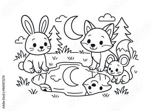 Forest Puddle Reflection. Reflection on still water children?s coloring book illustration, outlined drawing, cartoon animals looking at the moon mirrored in a