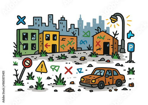 Colorful Abandoned City. Abandoned city. Colorful Hand-drawn doodle Children illustration Abandoned city empty streets, broken windows, street signs, weeds