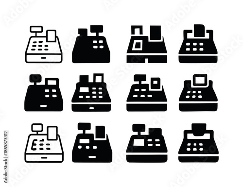 Harmonious Store Logos. Store. Icon set. Set Logo of store: cash register. harmonious logo variations of the same emblematic concept, each with different