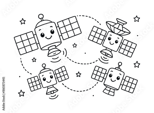 Satellite Coloring Fun. Orbiting observatory arrays children?s coloring book illustration, outlined drawing, several small friendly satellites linked by simple