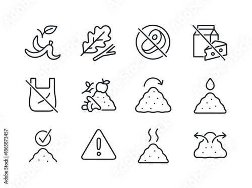Composting Guide Icons. Composting ? Do?s and Don?ts. Line icon set of Composting ? Do?s and Don?ts: green waste symbol, brown waste symbol, avoid meat, avoid