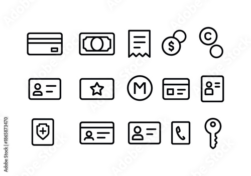 Wallet Contents Icons. Everyday wallet contents. Line icon set of Everyday wallet contents: credit card, cash note, receipt, coins, ID card, loyalty card,