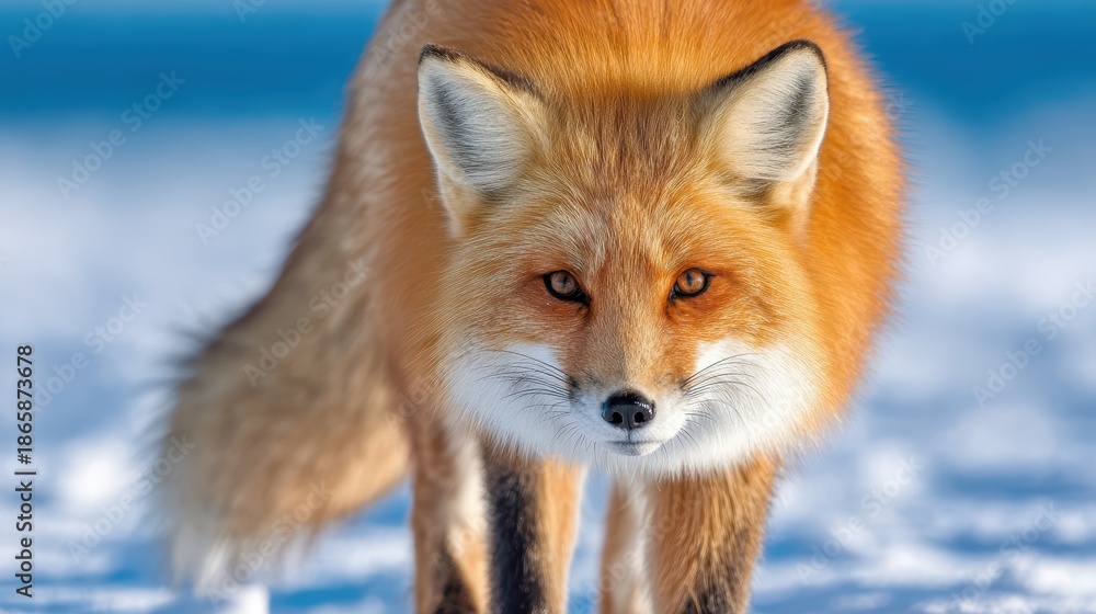 Obraz premium Red Fox in the Snow: A stunning red fox, its fiery fur contrasting sharply against a pristine blanket of snow, stares directly, radiating an aura of wild, untamed beauty.