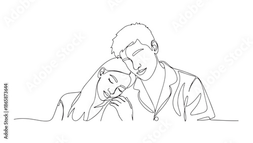 Minimalist continuous line art depicting a loving couple embracing tenderly, showcasing romantic connection and a deep emotional bond in a simple, elegant style