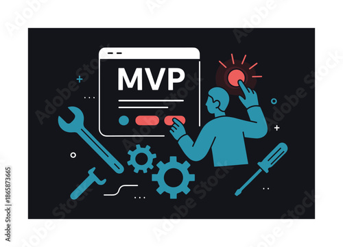 Modern MVP Blueprint. MVP creation. A simple interface floats above tools and gears; a figure adjusts glowing components. Minimal accents show focus. Modern