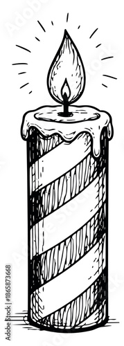 Hand drawn line art illustration of a lit candle depicting melting wax for festive decoration