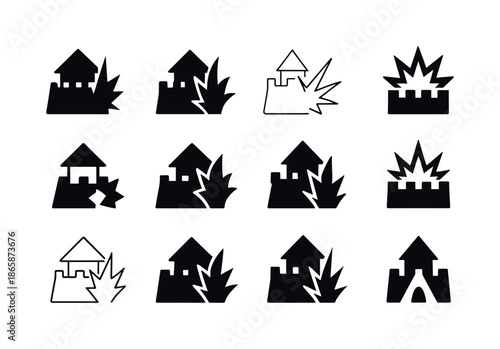 Attack Emblem Designs. Enemy camp under attack. Icon set. Set Logo of enemy camp under attack: perimeter breach symbol. harmonious logo variations of the same