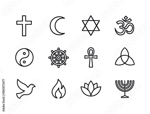Religious Symbols Grid. Religious Symbols. Line icon set of Religious Symbols: cross, crescent, star of David, om, yin yang, dharma wheel, ankh, triquetra,