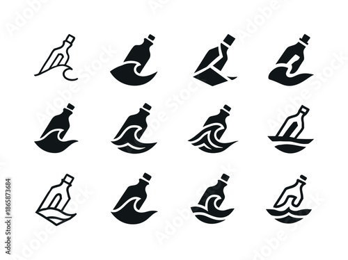 Message in Bottle Icons. Message in bottle. Icon set. Set Logo of message in bottle: ocean wave carrying bottle. harmonious logo variations of the same