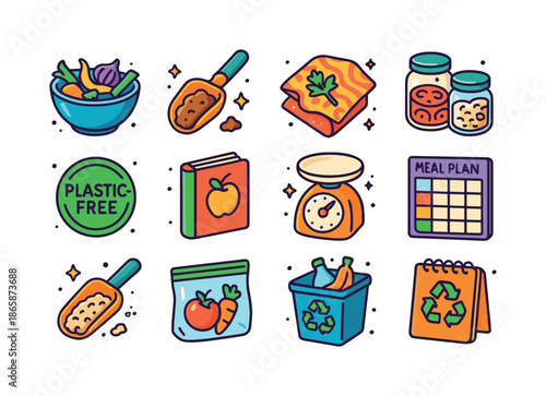 Sustainable Kitchen Icons. Zero Waste Kitchen. Colorful isometric vector icons set of Zero Waste Kitchen: veggie scraps bowl, compost scoop, reusable wrap,