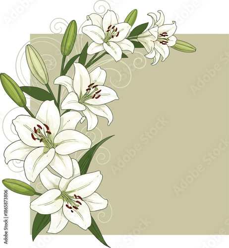 Elegant white lily border design delicate floral arrangement for invitations and greeting cards vector