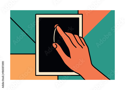 Modern Geometric Touch. Defining the moment. A figure?s hand carefully follows the frame?s perimeter; subtle highlights bloom at contact points. Quiet geometry