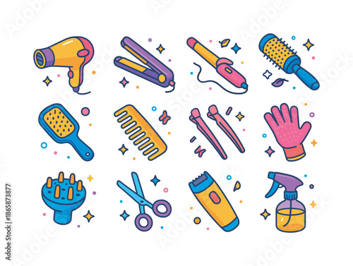 Colorful Hair Styling Tools. Hair styling tools. Colorful isometric vector icons set of hair styling tools: hairdryer, flat iron, curling wand, round brush,