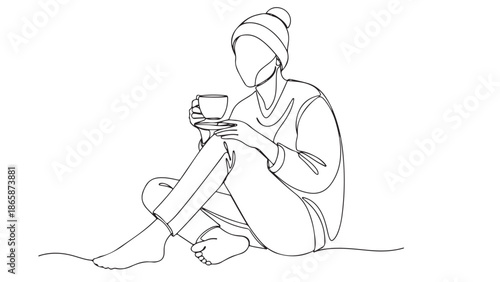 A serene minimalist line art illustration depicting a person in a beanie enjoying a warm beverage, embodying peaceful relaxation and cozy comfort in a tranquil moment