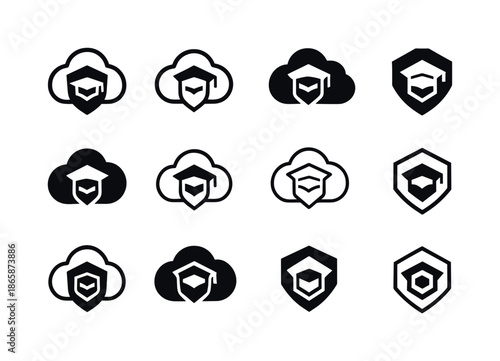 Cloud Education Icons. Cloud-based school systems. Icon set. Set Logo of cloud-based school systems: cloud shield security. harmonious logo variations of the