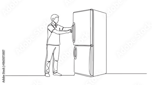Minimalist One Line Art Illustration of a Person Interacting with a Refrigerator, Domestic Chores and Home Life Concept