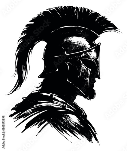 Hand drawn illustration of a spartan warrior depicting a helmeted profile for ancient history