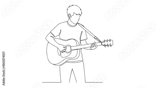 Vector line art of a guitarist performing a song with an acoustic string instrument, perfect for music-themed designs and artistic expression