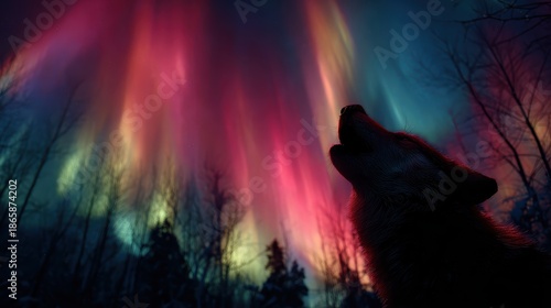 Wolf's Howl at Aurora: A lone wolf silhouetted against the breathtaking spectacle of the aurora borealis, its haunting howl echoing through the frosty night, a moment of untamed wilderness.