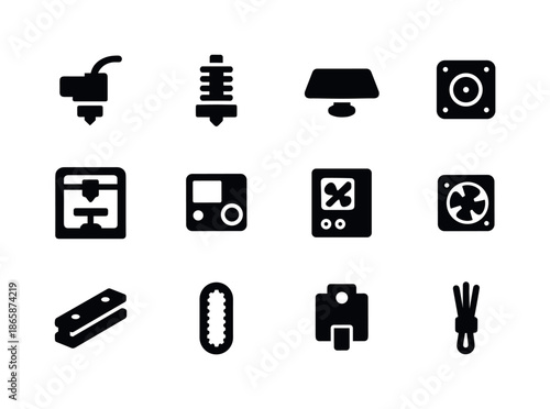 3D Printer Parts Icons. 3D printer components. Solid icon set of 3D printer components: extruder, hotend, build plate, motor, frame, control panel, power