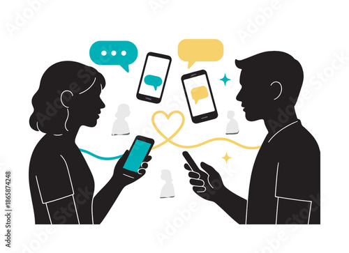 Connecting Across Distances. Friendships and life transitions ? staying connected. Floating phones and chat bubbles bridge distant silhouettes; glowing lines